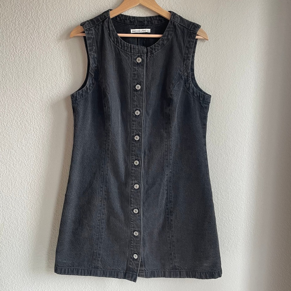Abercrombie Fitch Denim Mini Dress Large 90s Grunge Washed Black Button Front